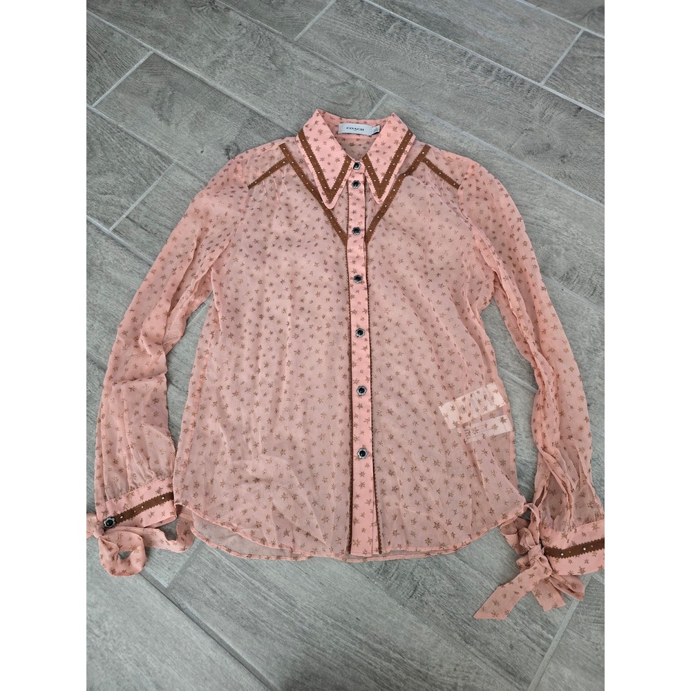 Coach Star Western Cowgirl Glam Pink Sheer Button Down Shirt Blouse Women Size 4
